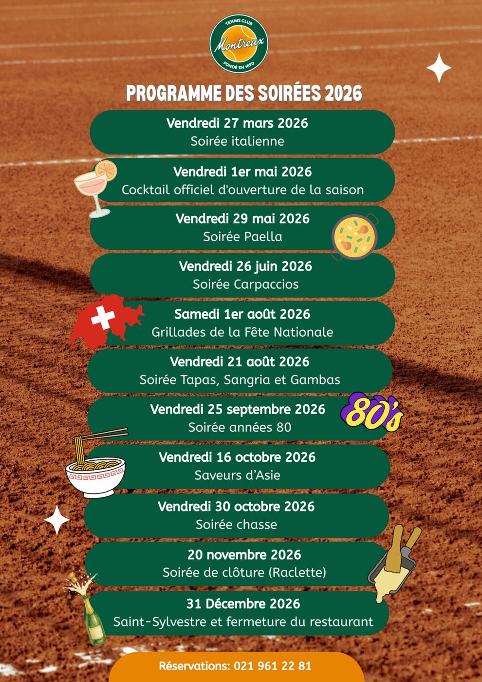 Calendrier des événements 2026 du Montreux Tennis Club